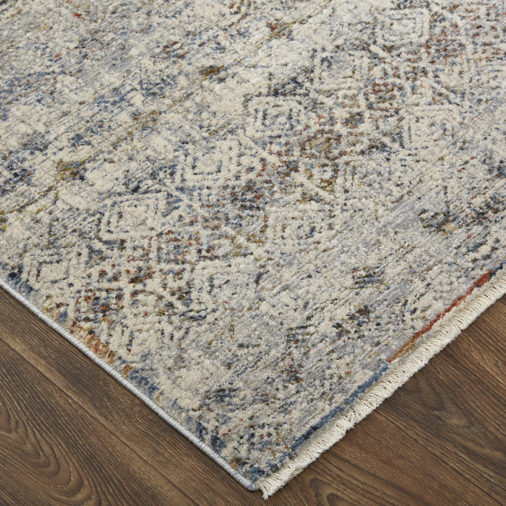 10" Gray Ivory and Blue Abstract Power Loom Worn Faded Runner Rug With Fringe