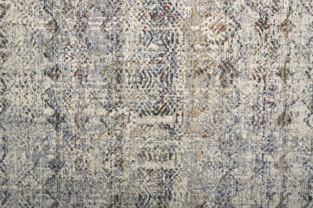 10" Gray Ivory and Blue Abstract Power Loom Worn Faded Runner Rug With Fringe