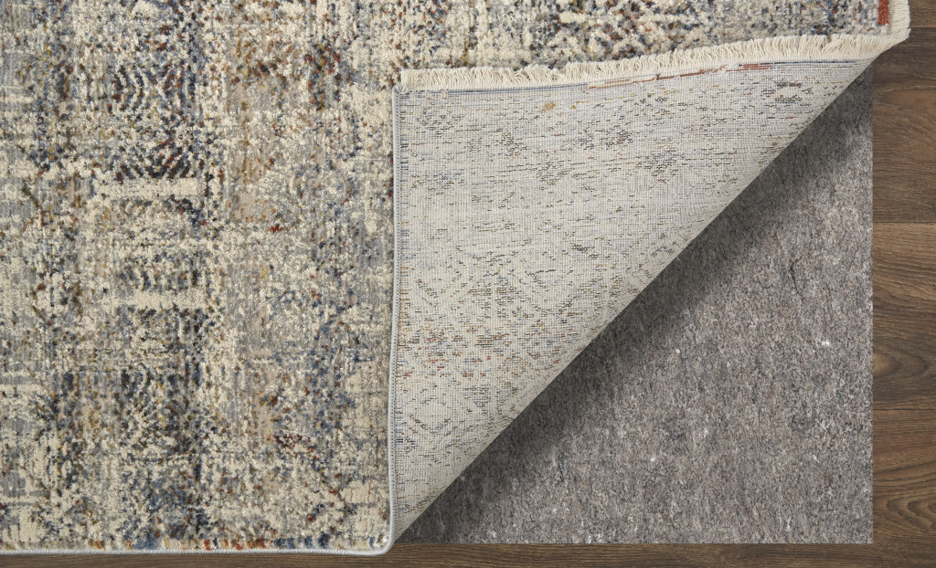 10" Gray Ivory and Blue Abstract Power Loom Worn Faded Runner Rug With Fringe