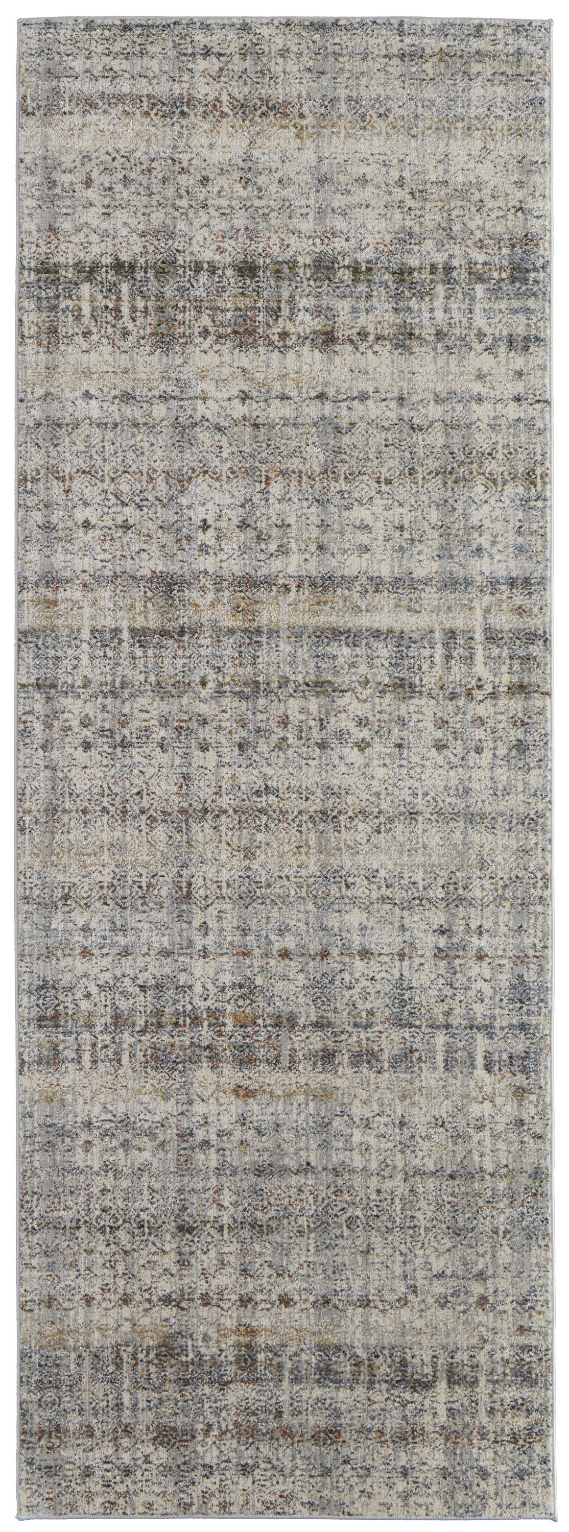 10" Gray Ivory and Blue Abstract Power Loom Worn Faded Runner Rug With Fringe