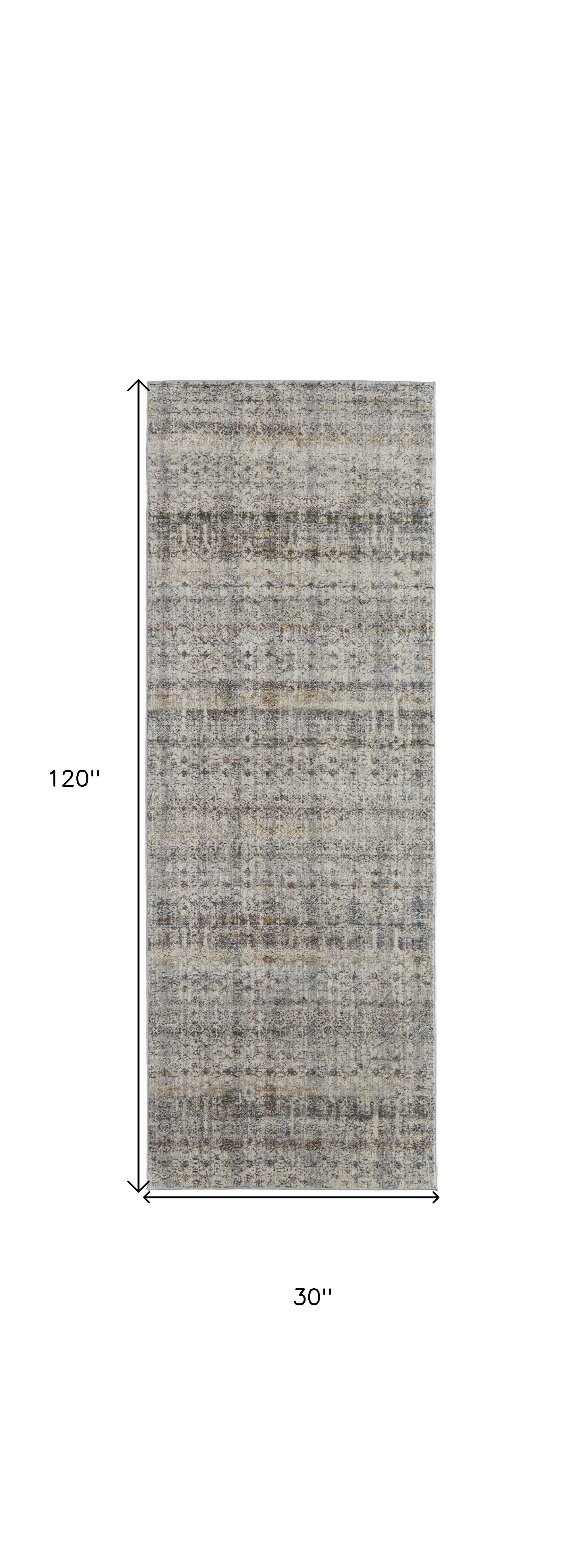 10" Gray Ivory and Blue Abstract Power Loom Worn Faded Runner Rug With Fringe