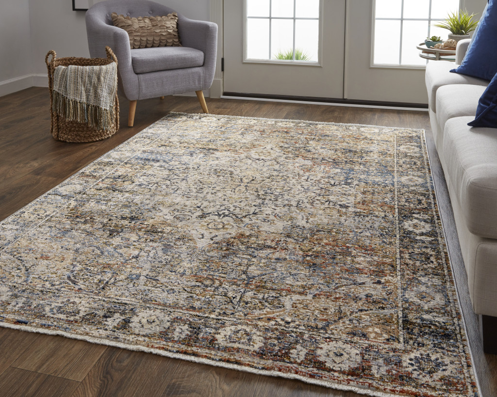 3" X 5" Tan Blue and Brown Oriental Power Loom Area Rug With Fringe