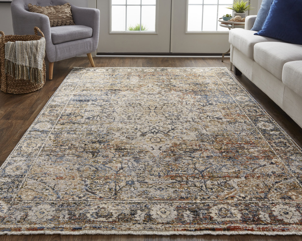 3" X 5" Tan Blue and Brown Oriental Power Loom Area Rug With Fringe
