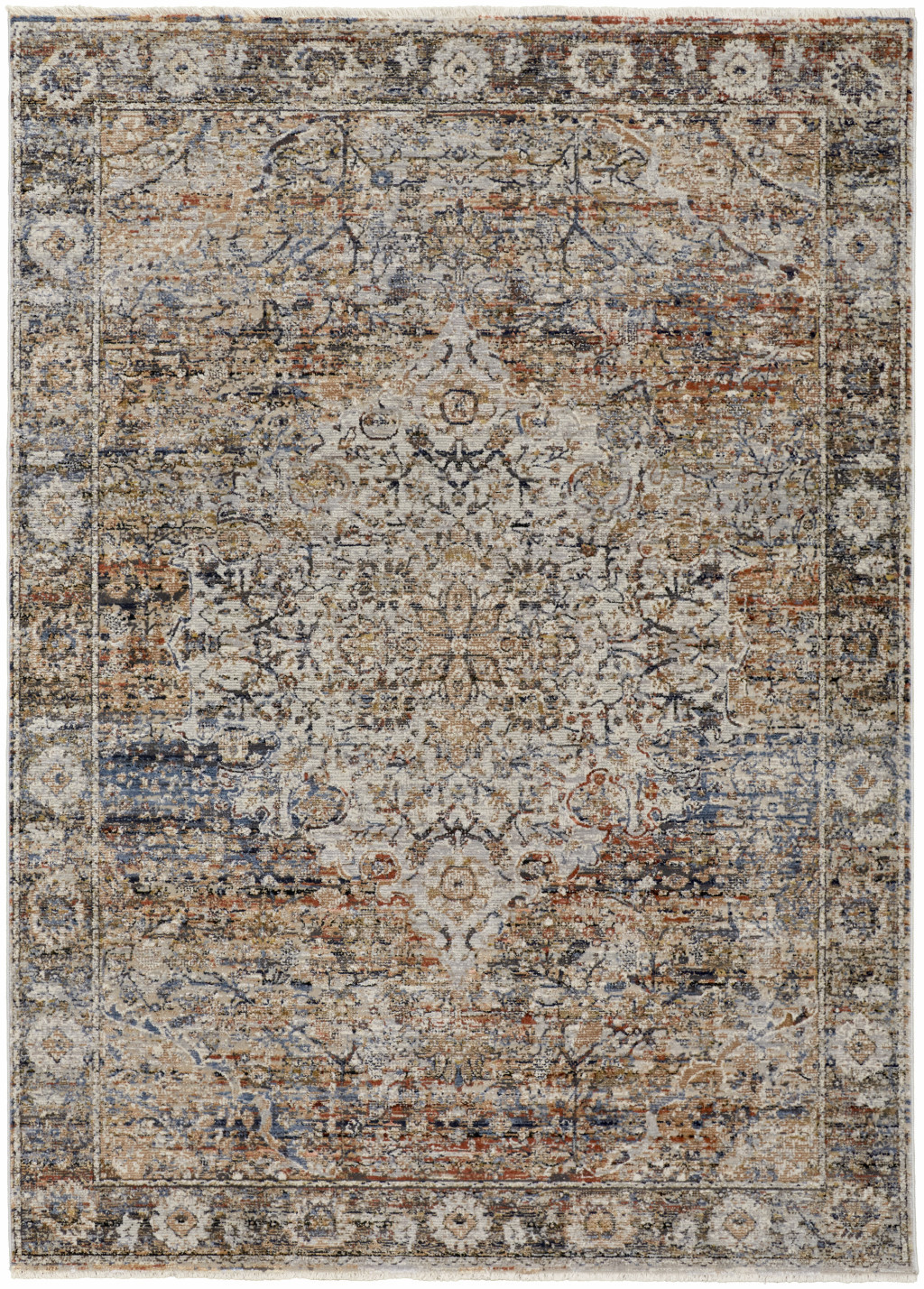 3" X 5" Tan Blue and Brown Oriental Power Loom Area Rug With Fringe