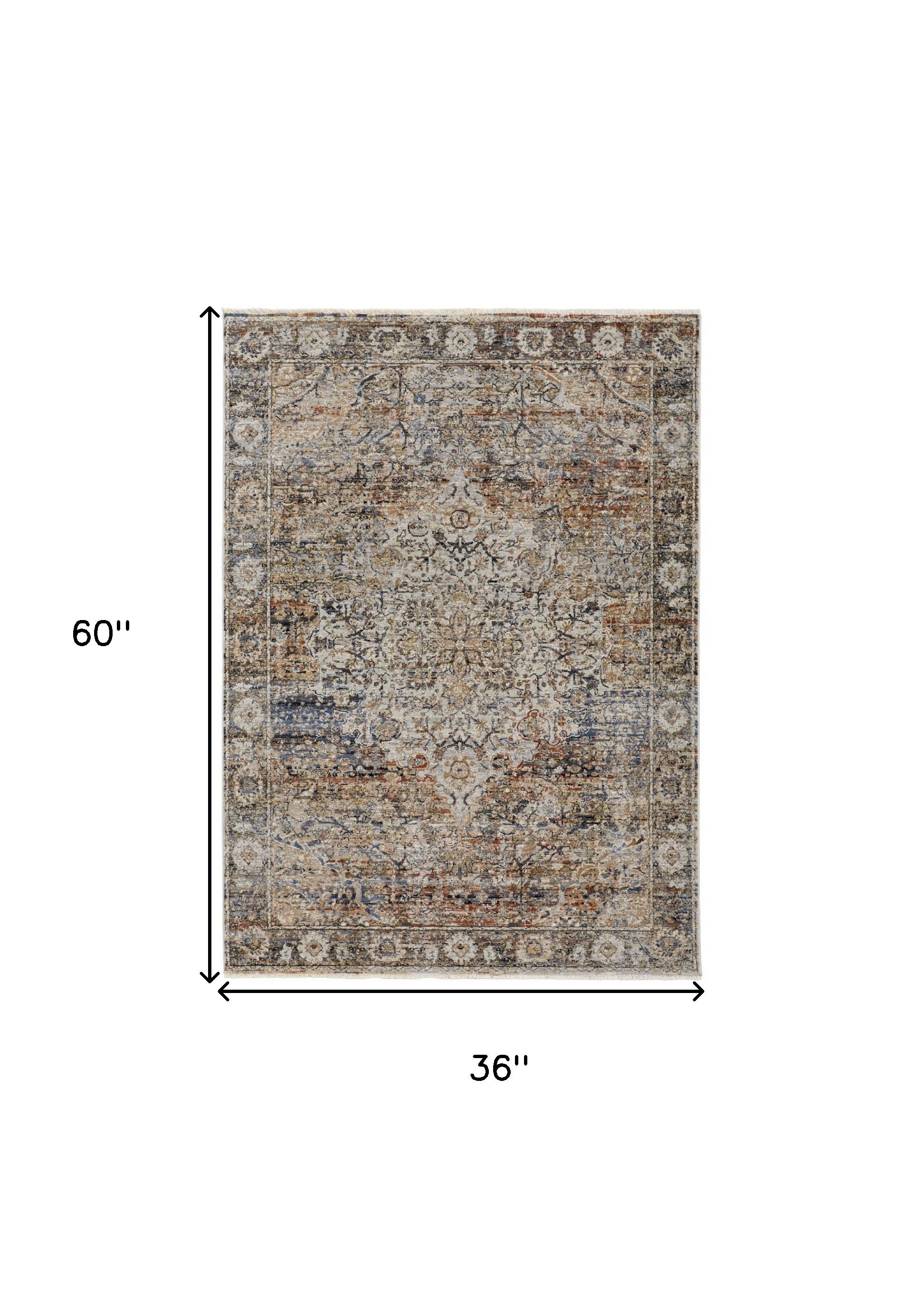 3" X 5" Tan Blue and Brown Oriental Power Loom Area Rug With Fringe