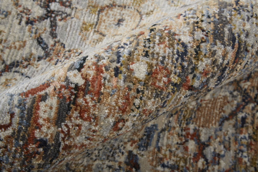 12" Tan Blue and Brown Oriental Power Loom Runner Rug With Fringe