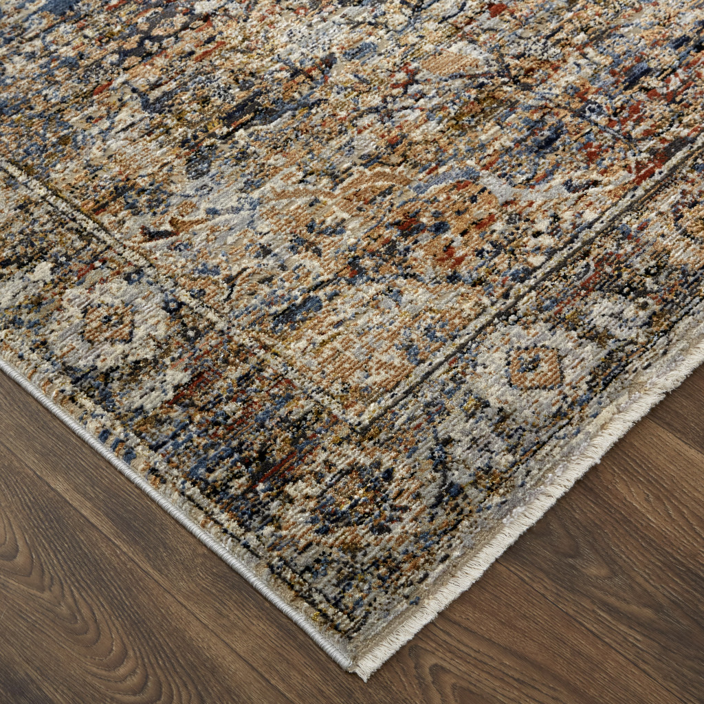 12" Tan Blue and Brown Oriental Power Loom Runner Rug With Fringe