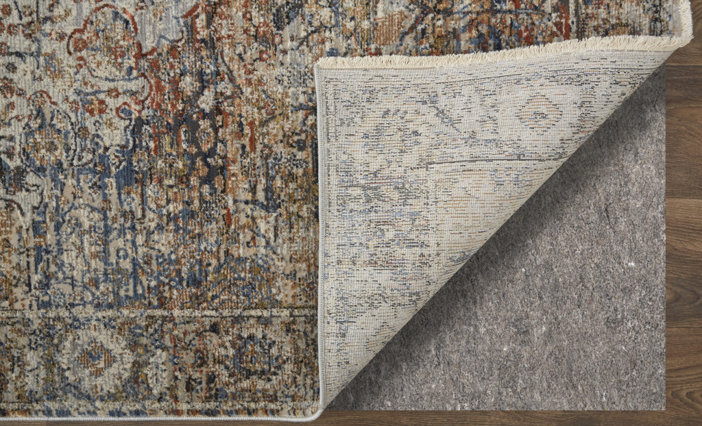 12" Tan Blue and Brown Oriental Power Loom Runner Rug With Fringe