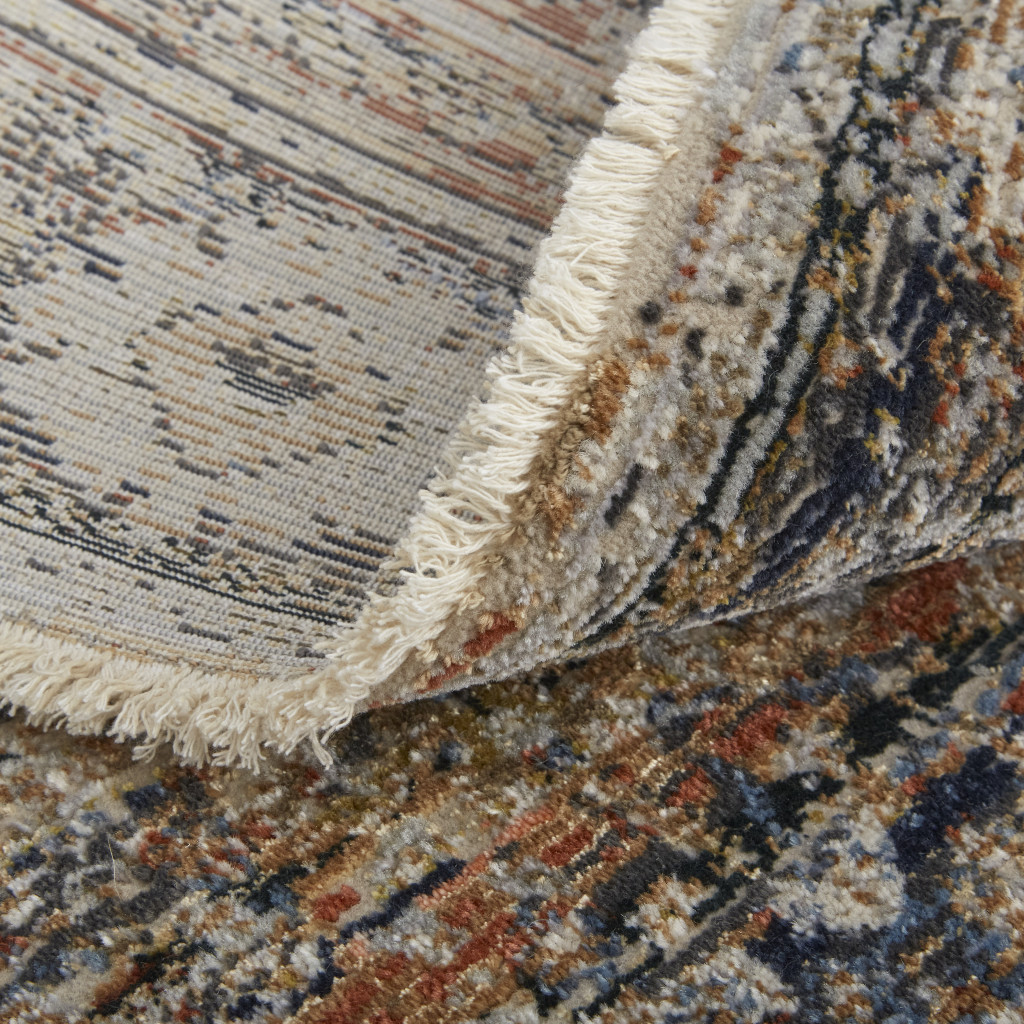 12" Tan Blue and Brown Oriental Power Loom Runner Rug With Fringe