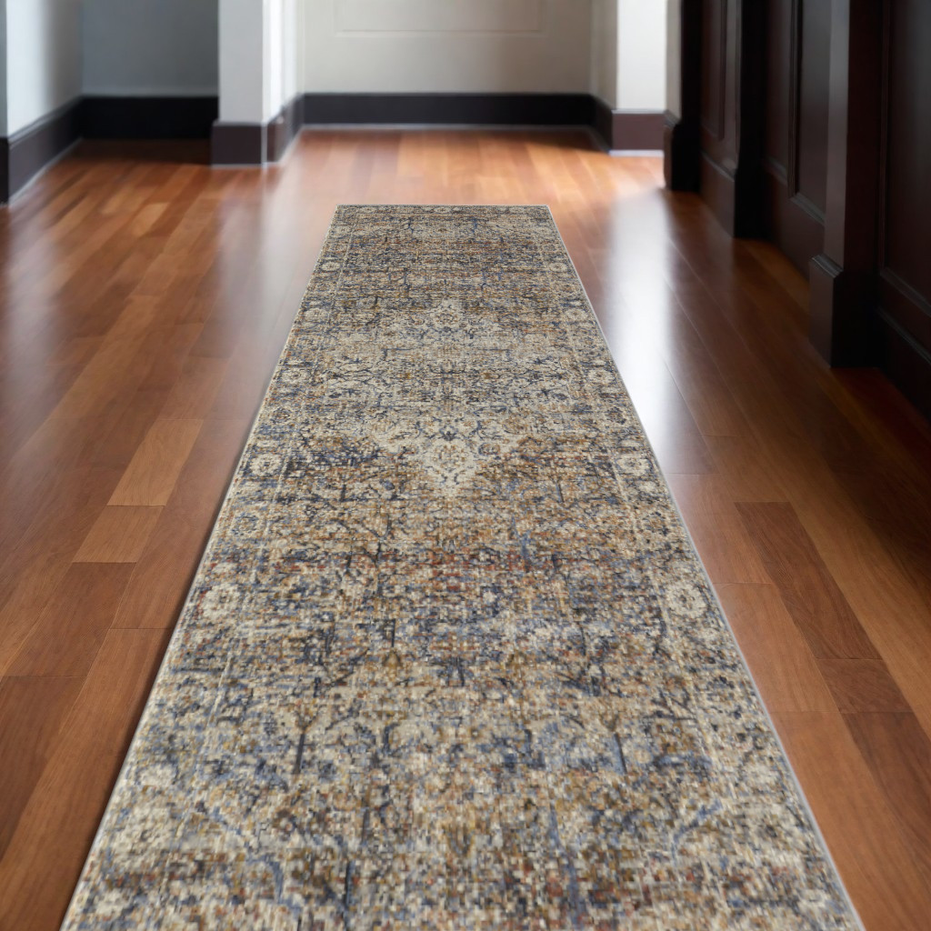 12" Tan Blue and Brown Oriental Power Loom Runner Rug With Fringe