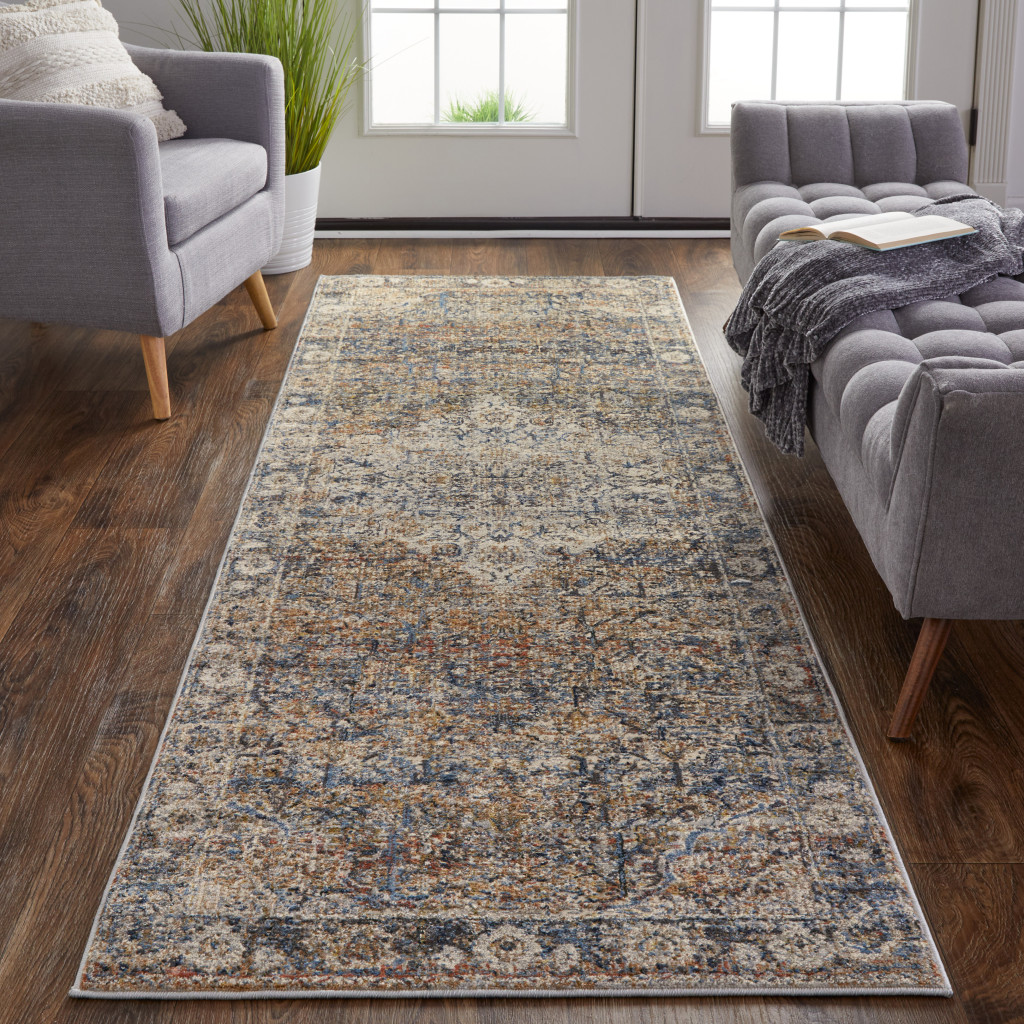 12" Tan Blue and Brown Oriental Power Loom Runner Rug With Fringe