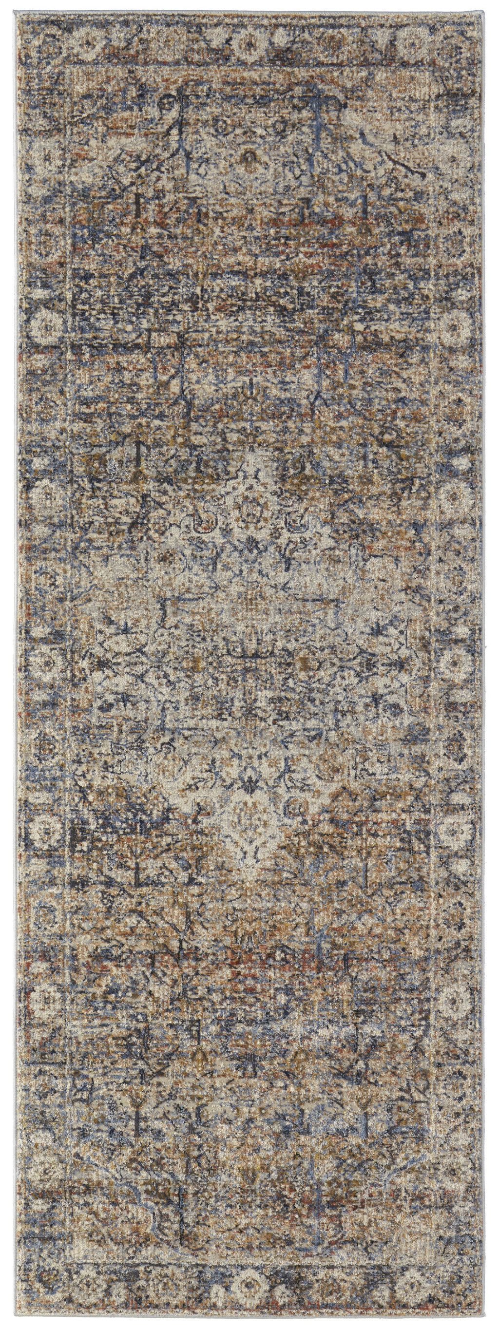 12" Tan Blue and Brown Oriental Power Loom Runner Rug With Fringe