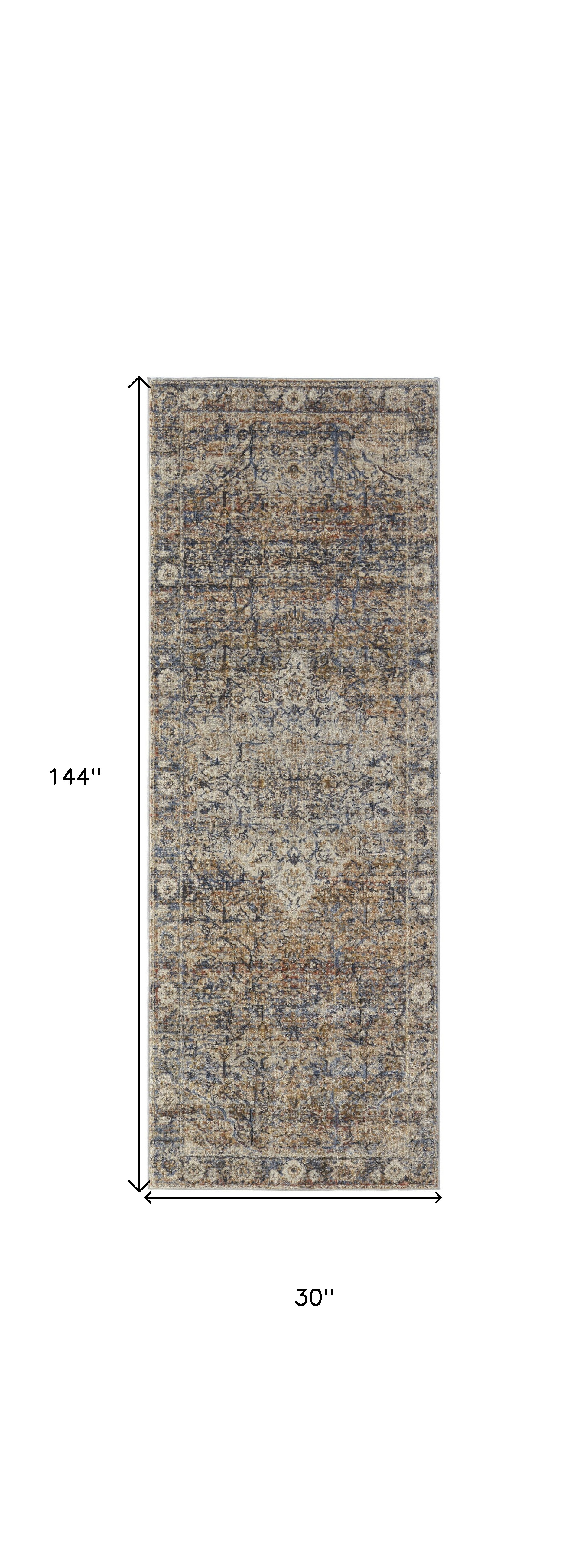 12" Tan Blue and Brown Oriental Power Loom Runner Rug With Fringe