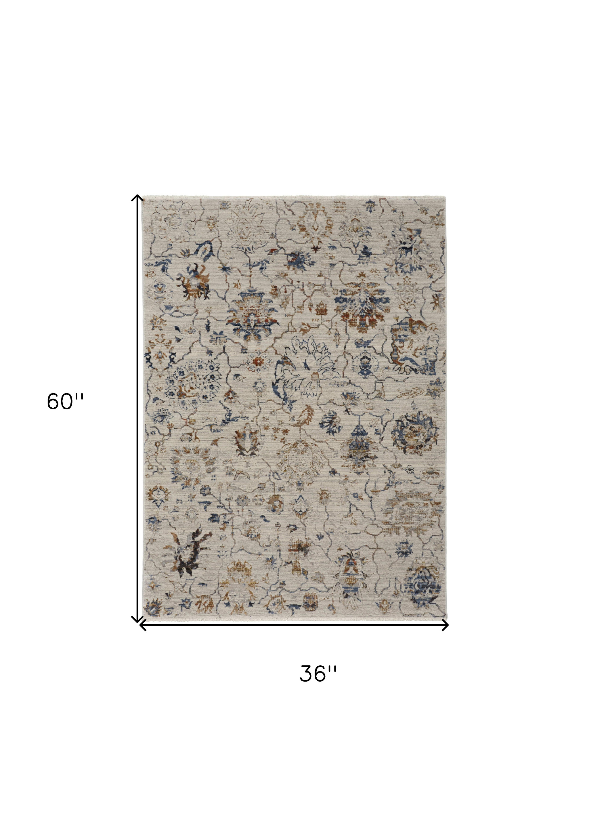 3" X 5" Blue Gray and Brown Floral Power Loom Worn Faded Area Rug With Fringe