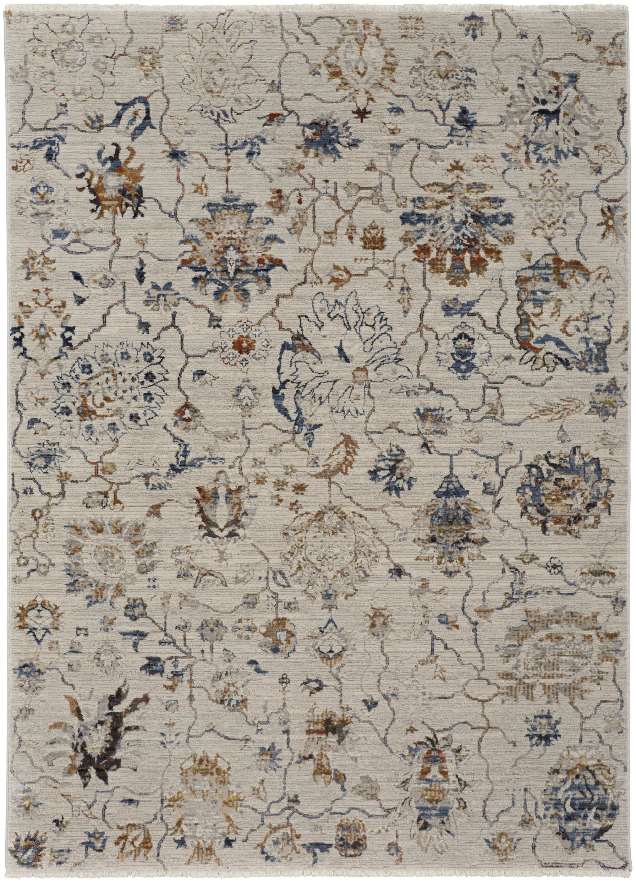 3" X 5" Blue Gray and Brown Floral Power Loom Worn Faded Area Rug With Fringe