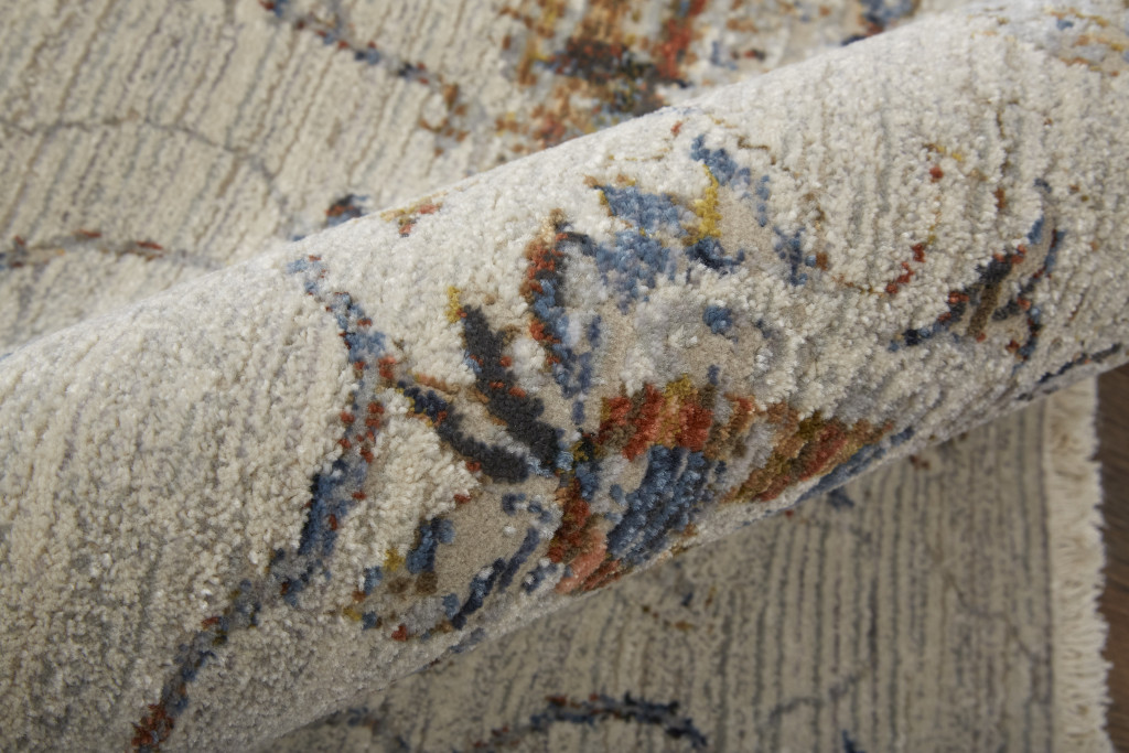 10" Blue Gray and Brown Floral Power Loom Worn Faded Runner Rug With Fringe