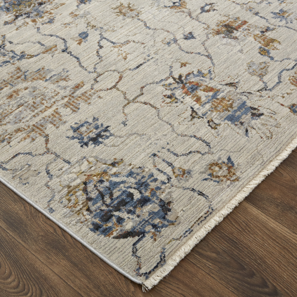 10" Blue Gray and Brown Floral Power Loom Worn Faded Runner Rug With Fringe