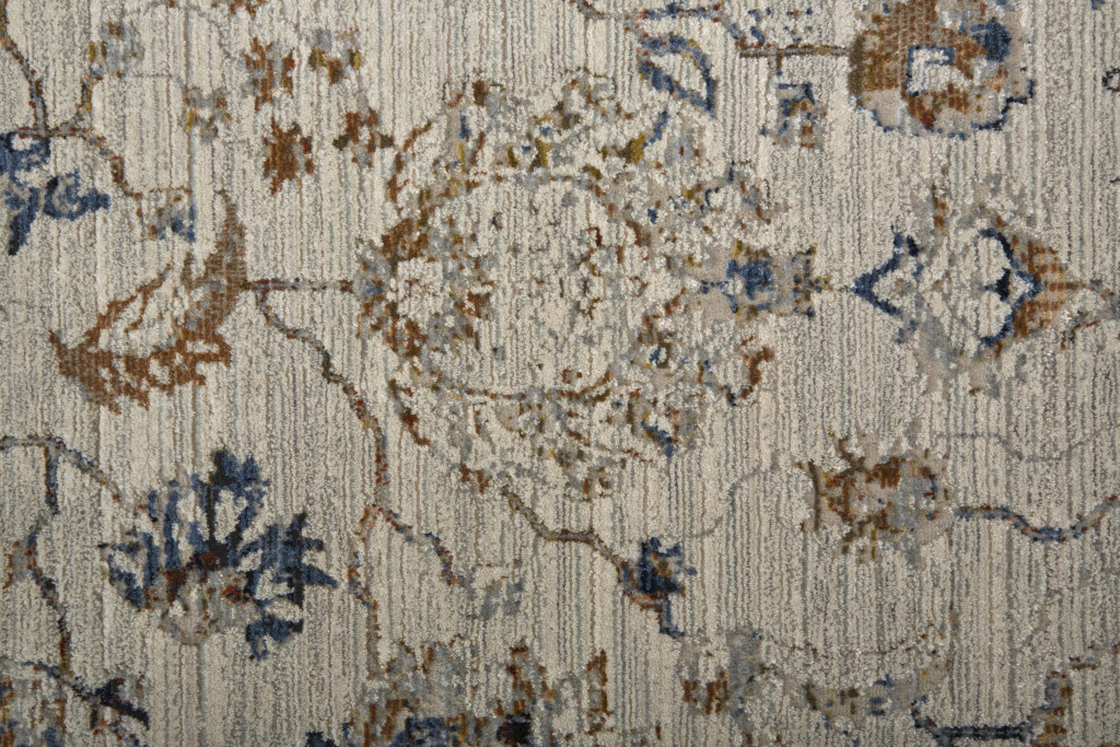 10" Blue Gray and Brown Floral Power Loom Worn Faded Runner Rug With Fringe