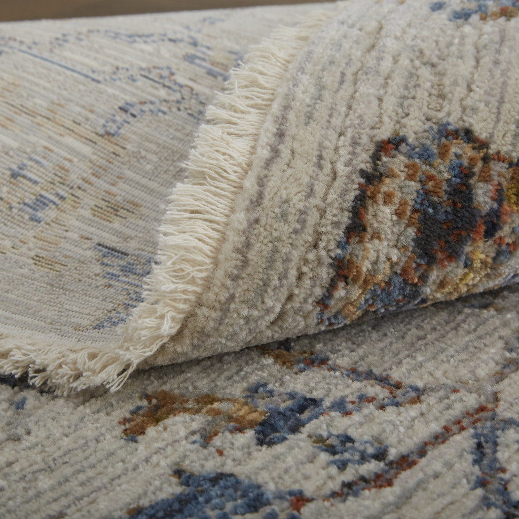 10" Blue Gray and Brown Floral Power Loom Worn Faded Runner Rug With Fringe