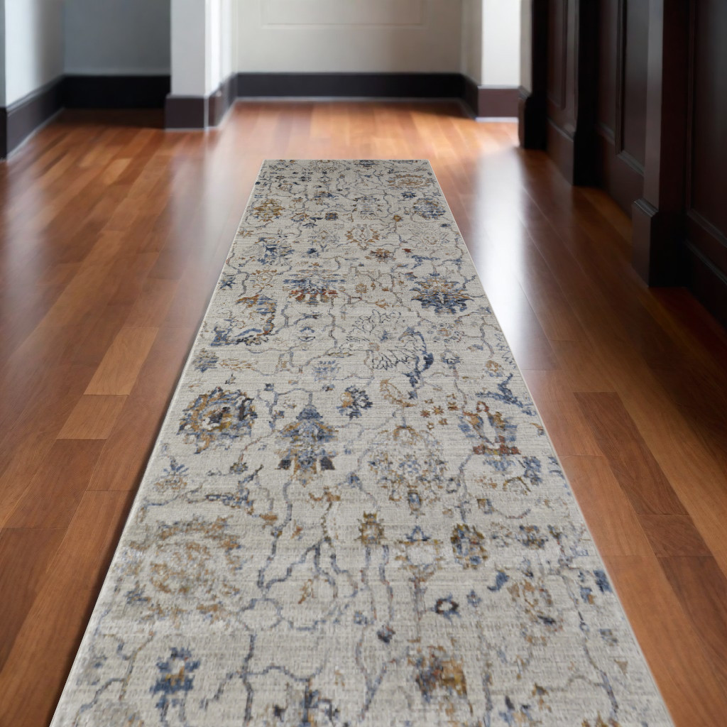10" Blue Gray and Brown Floral Power Loom Worn Faded Runner Rug With Fringe