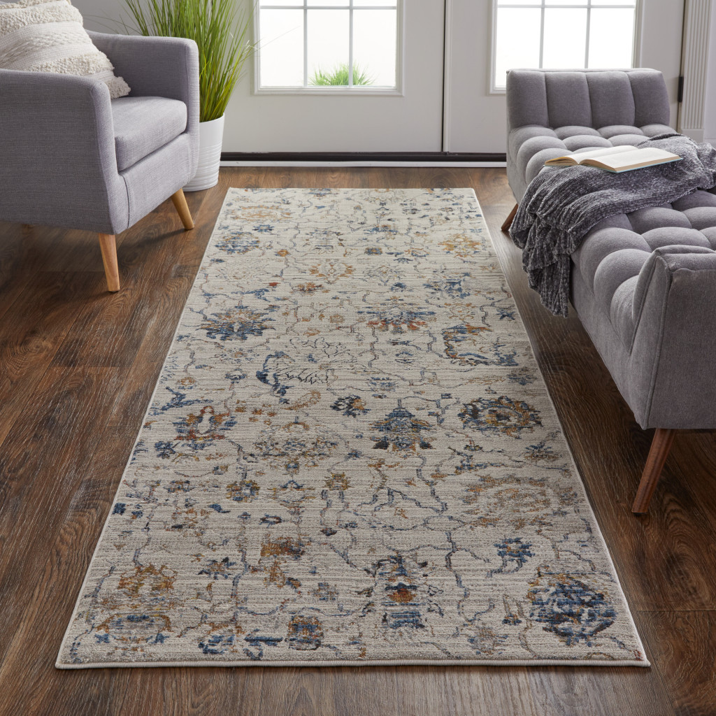 10" Blue Gray and Brown Floral Power Loom Worn Faded Runner Rug With Fringe