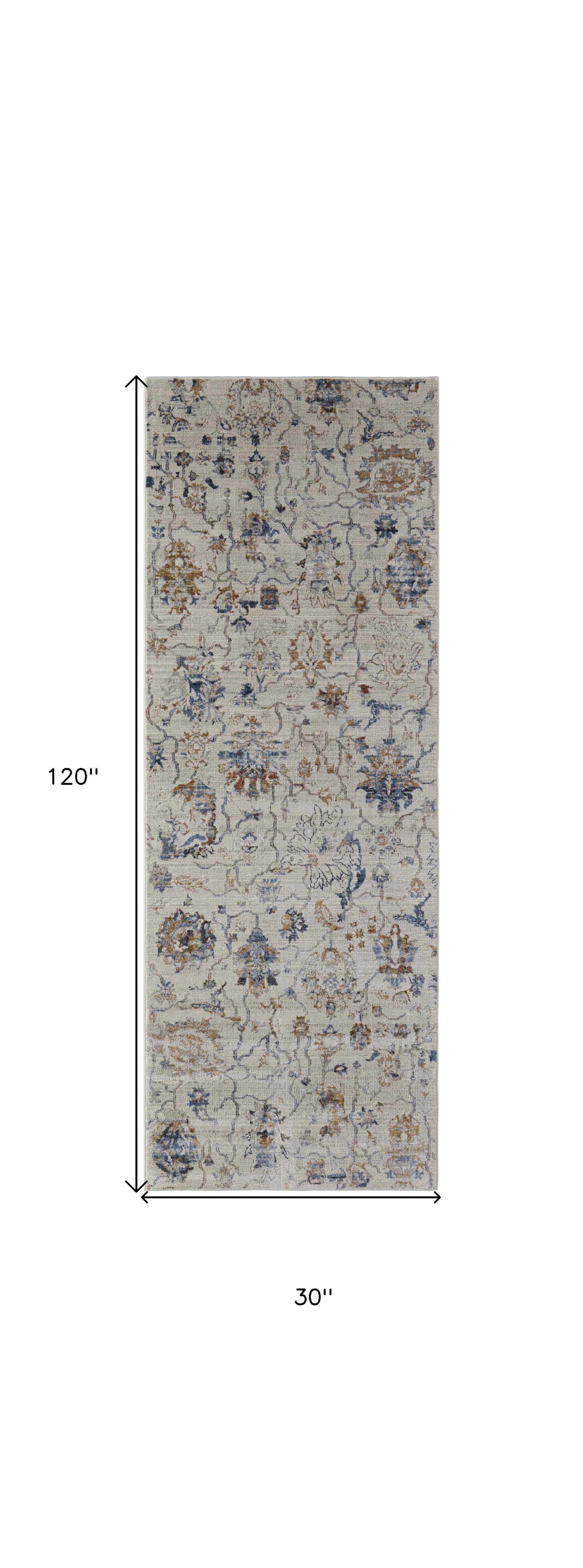 10" Blue Gray and Brown Floral Power Loom Worn Faded Runner Rug With Fringe