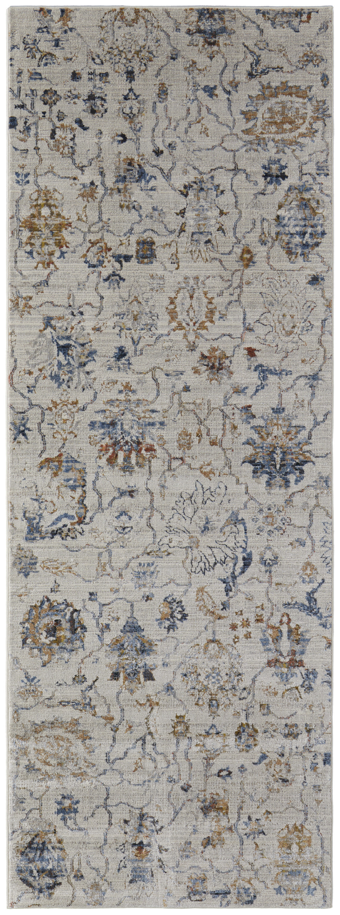 10" Blue Gray and Brown Floral Power Loom Worn Faded Runner Rug With Fringe