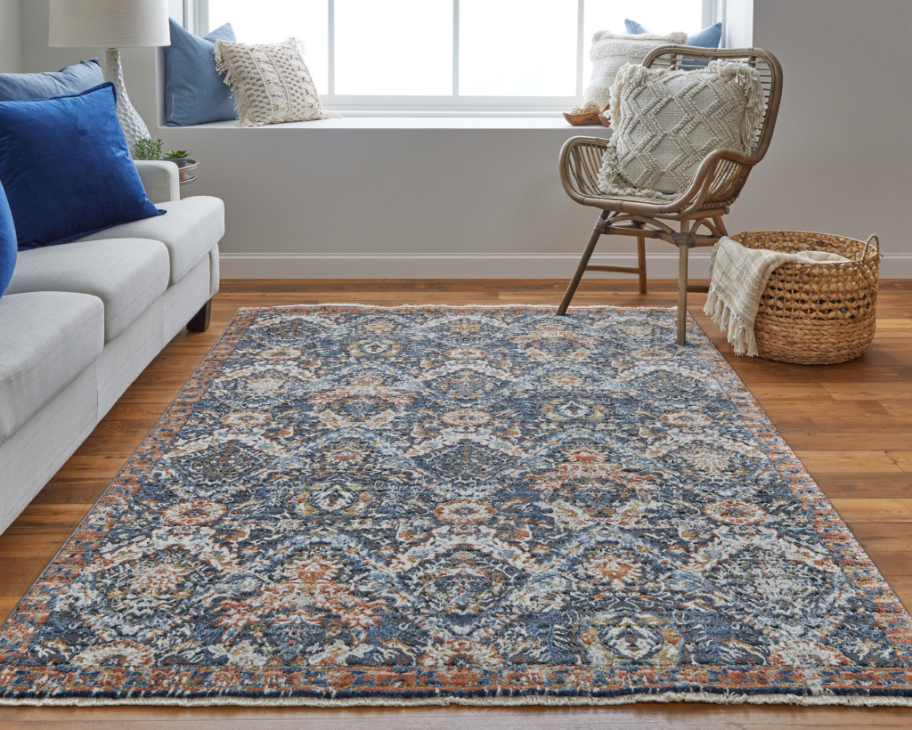3" X 5" Ivory Blue and Brown Floral Power Loom Area Rug With Fringe