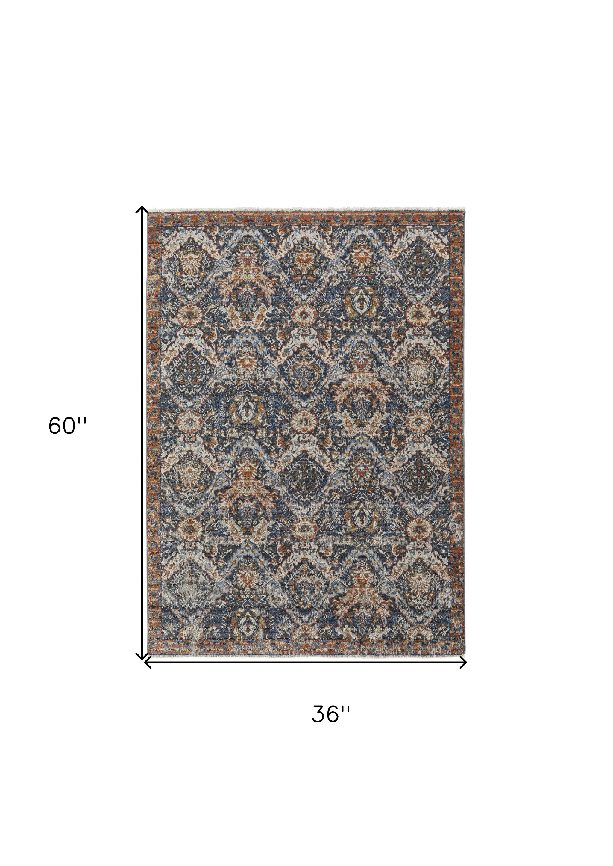 3" X 5" Ivory Blue and Brown Floral Power Loom Area Rug With Fringe