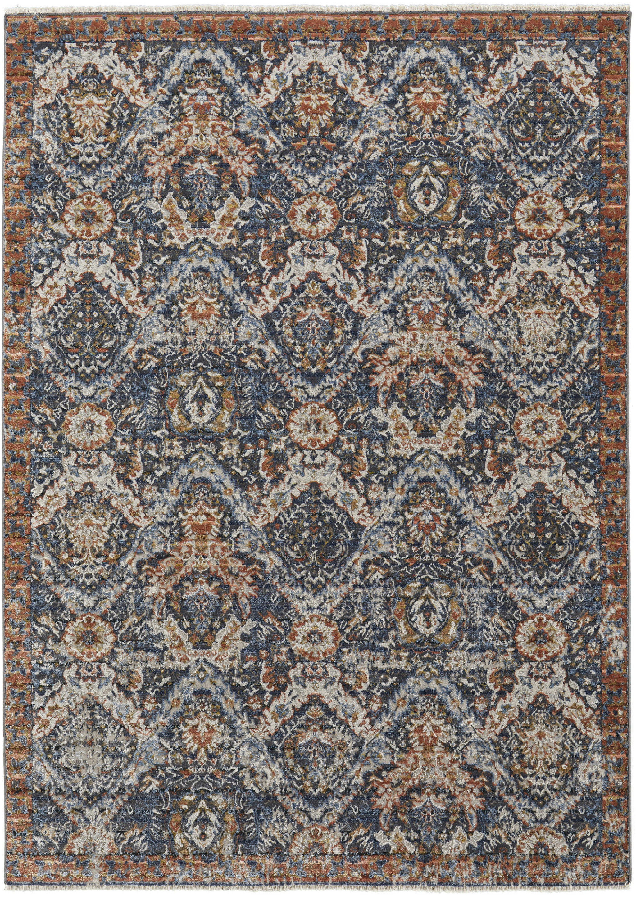 3" X 5" Ivory Blue and Brown Floral Power Loom Area Rug With Fringe
