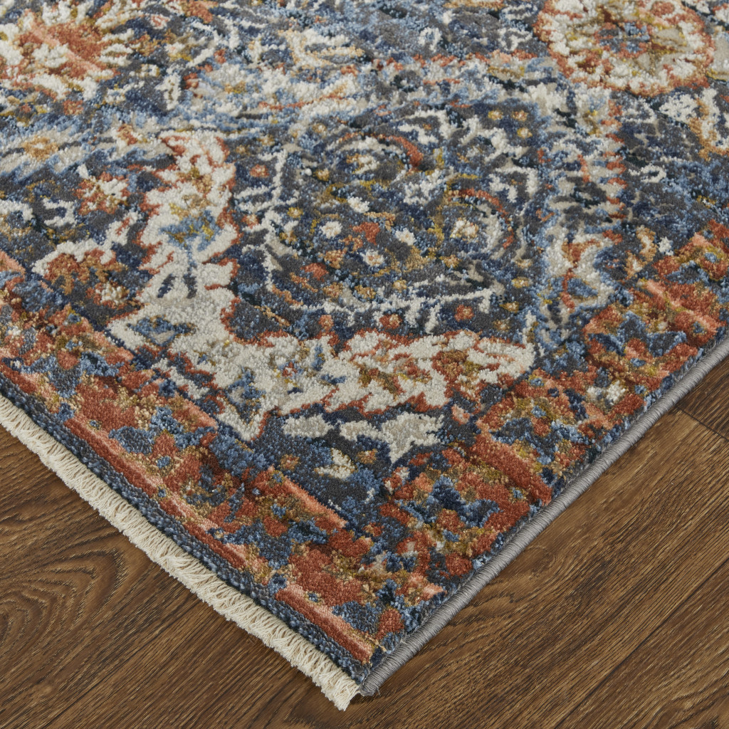 10" Ivory Blue and Brown Floral Power Loom Runner Rug With Fringe