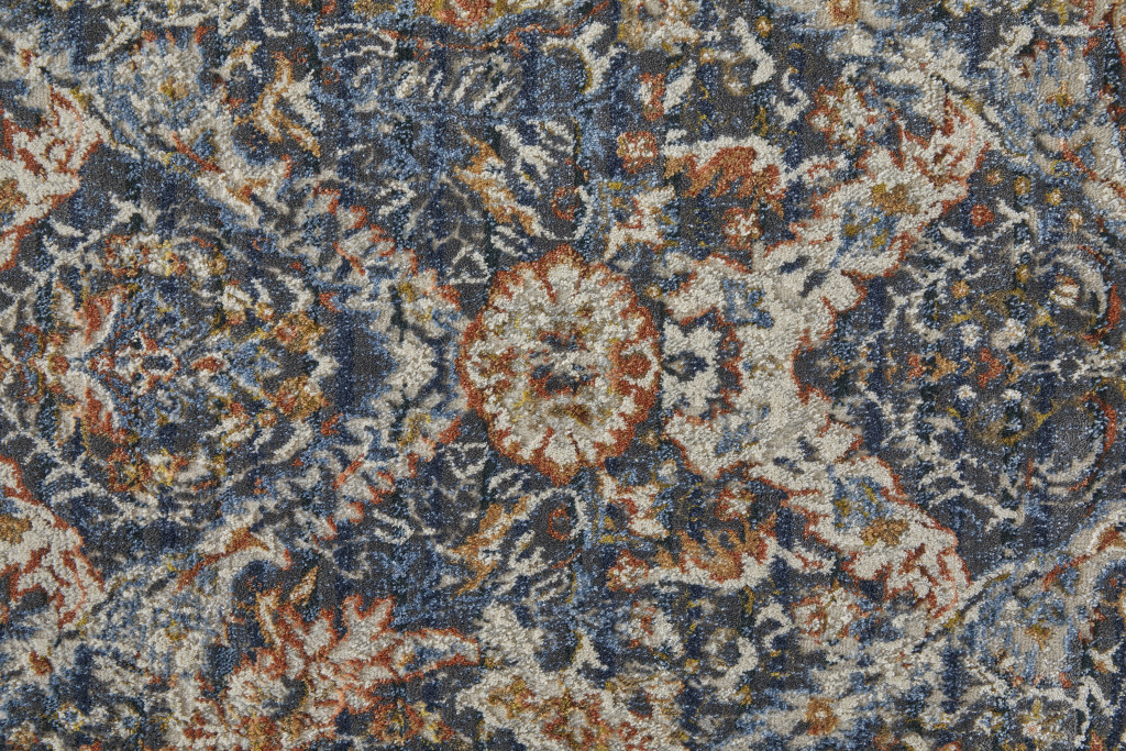 10" Ivory Blue and Brown Floral Power Loom Runner Rug With Fringe