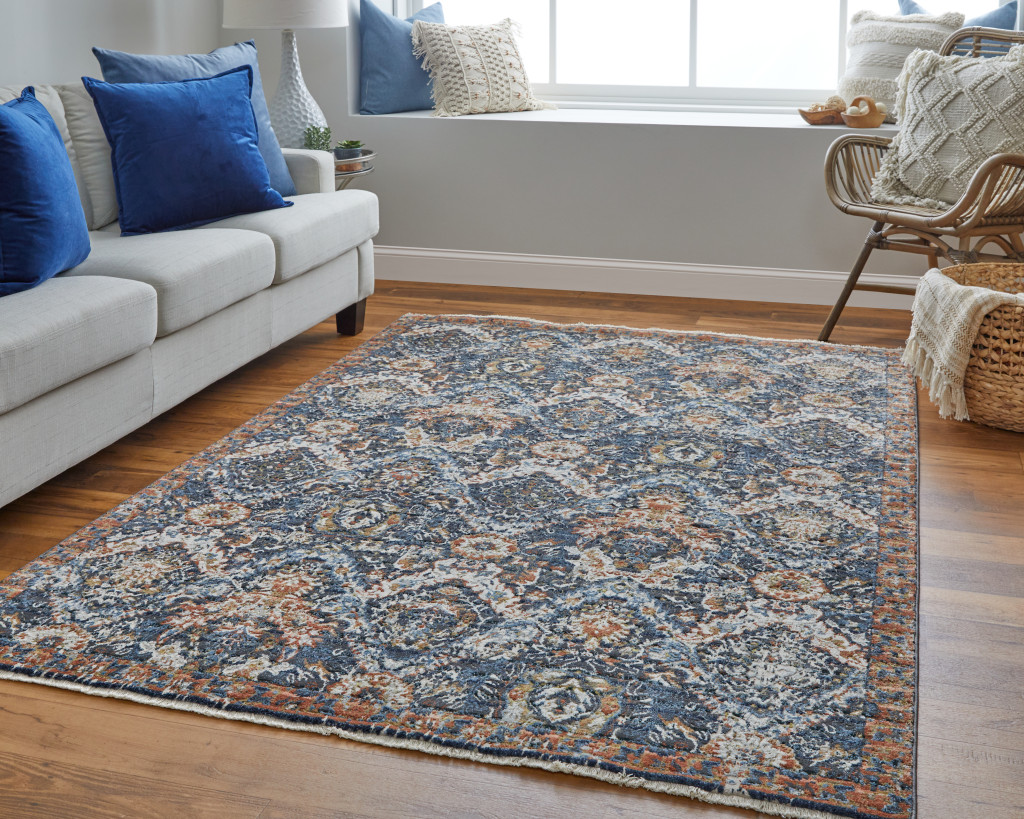 10" Ivory Blue and Brown Floral Power Loom Runner Rug With Fringe