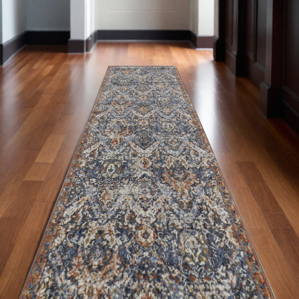 10" Ivory Blue and Brown Floral Power Loom Runner Rug With Fringe