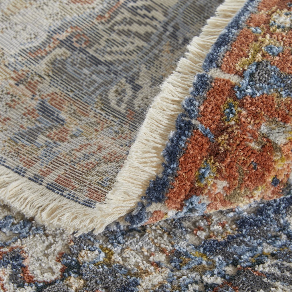 10" Ivory Blue and Brown Floral Power Loom Runner Rug With Fringe