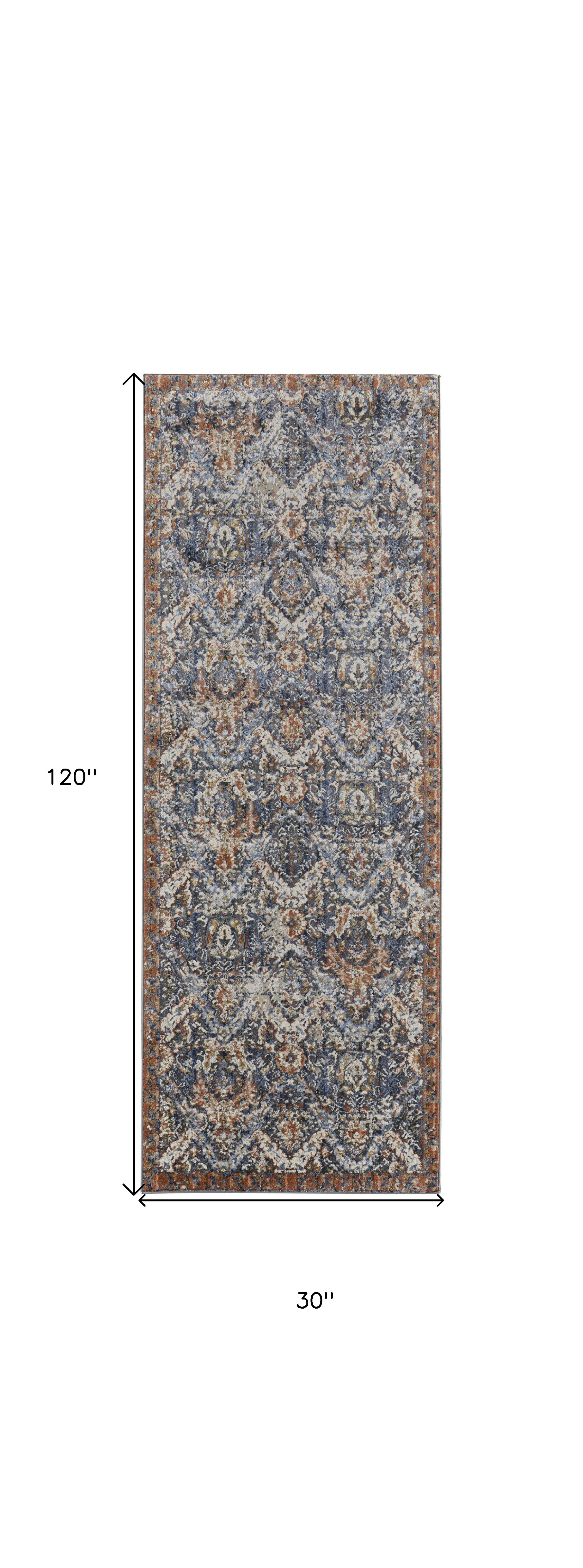 10" Ivory Blue and Brown Floral Power Loom Runner Rug With Fringe
