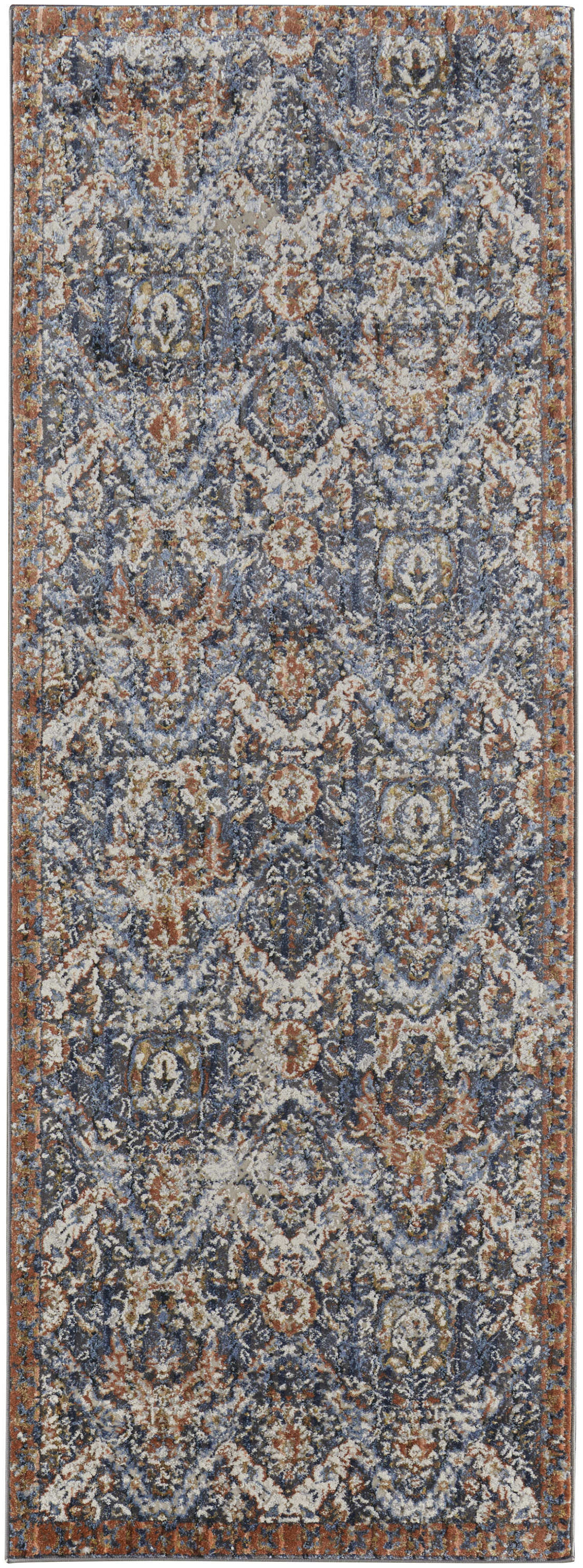 10" Ivory Blue and Brown Floral Power Loom Runner Rug With Fringe
