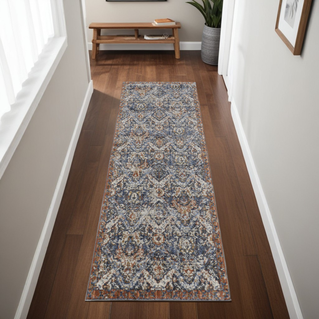 8" Ivory Blue and Brown Floral Power Loom Runner Rug With Fringe