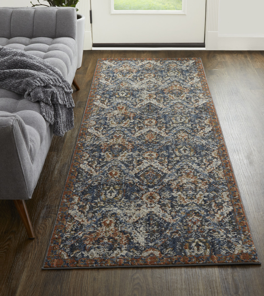 8" Ivory Blue and Brown Floral Power Loom Runner Rug With Fringe