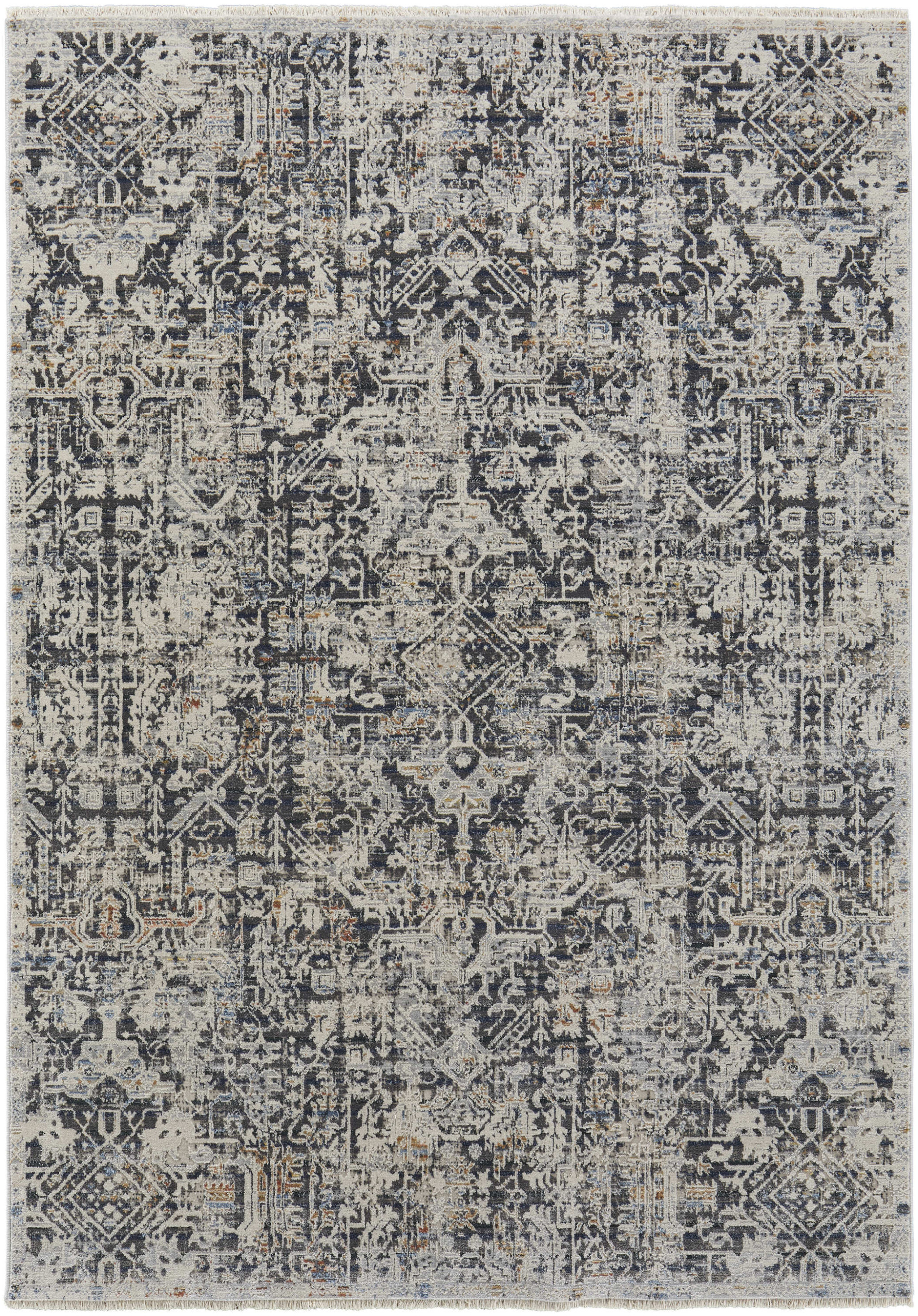 3" X 5" Ivory and Gray Abstract Power Loom Worn Faded Area Rug With Fringe