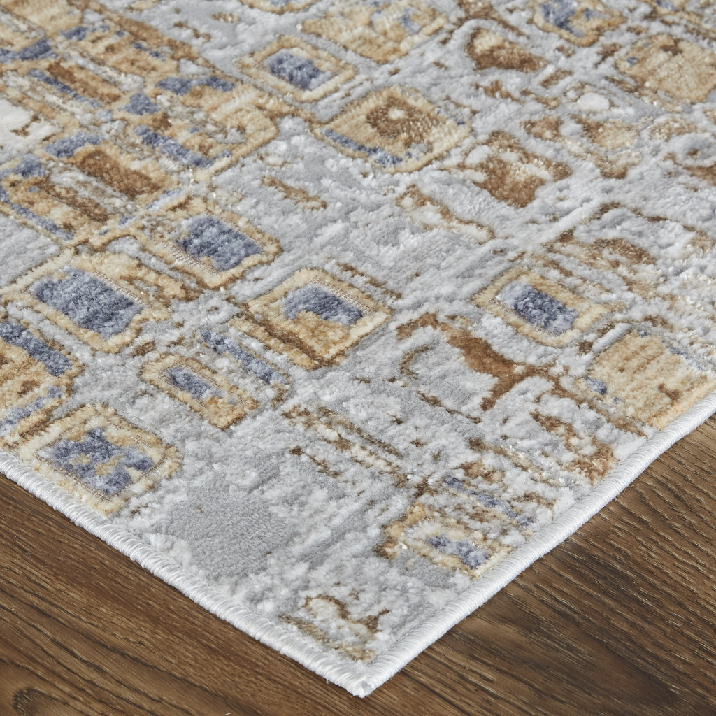 3" X 5" Tan Ivory and Blue Geometric Power Loom Worn Faded Area Rug