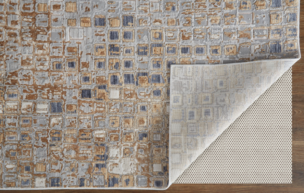 3" X 5" Tan Ivory and Blue Geometric Power Loom Worn Faded Area Rug