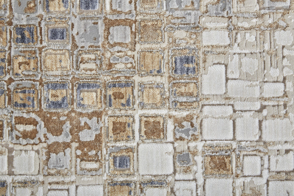3" X 5" Tan Ivory and Blue Geometric Power Loom Worn Faded Area Rug