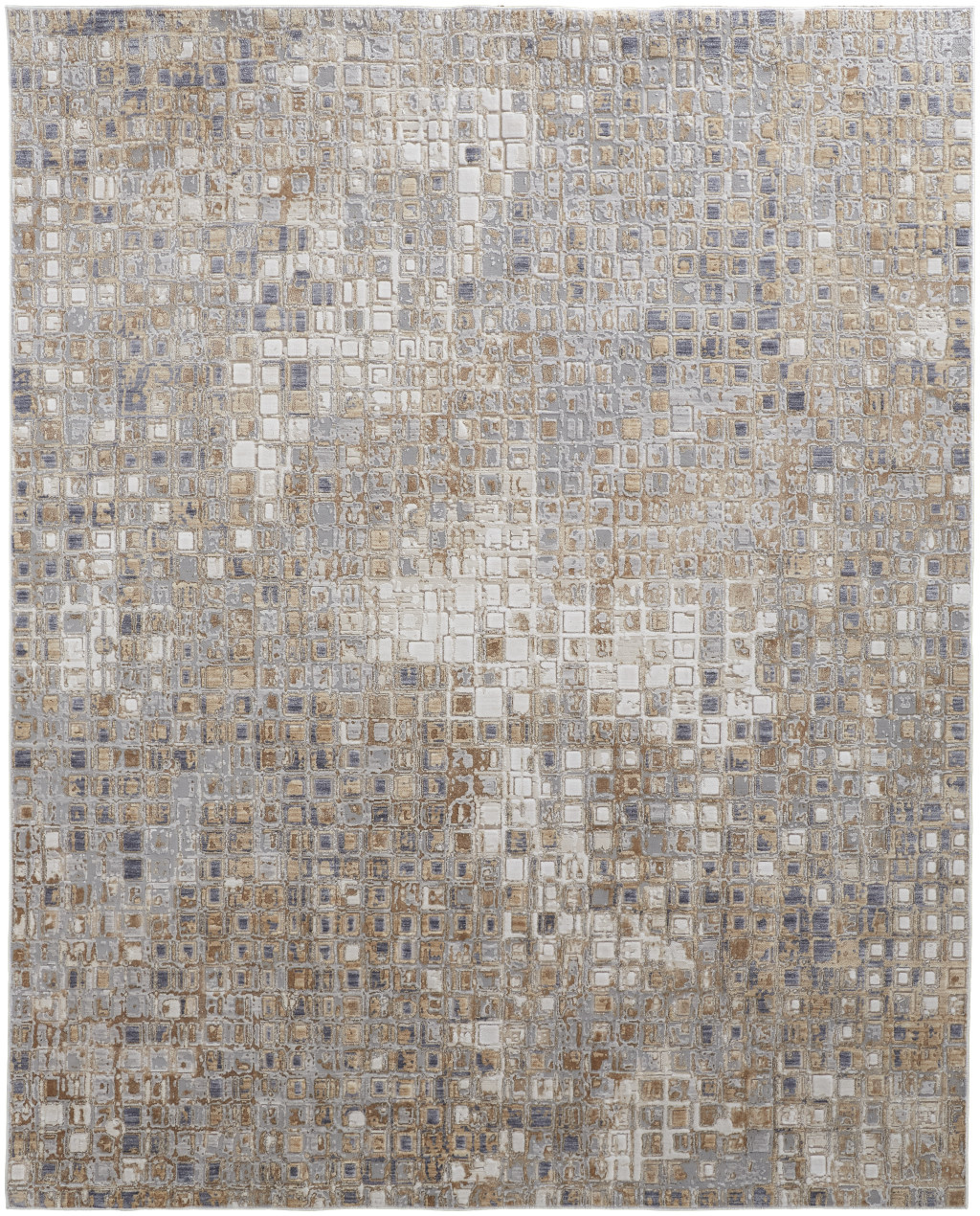 3" X 5" Tan Ivory and Blue Geometric Power Loom Worn Faded Area Rug
