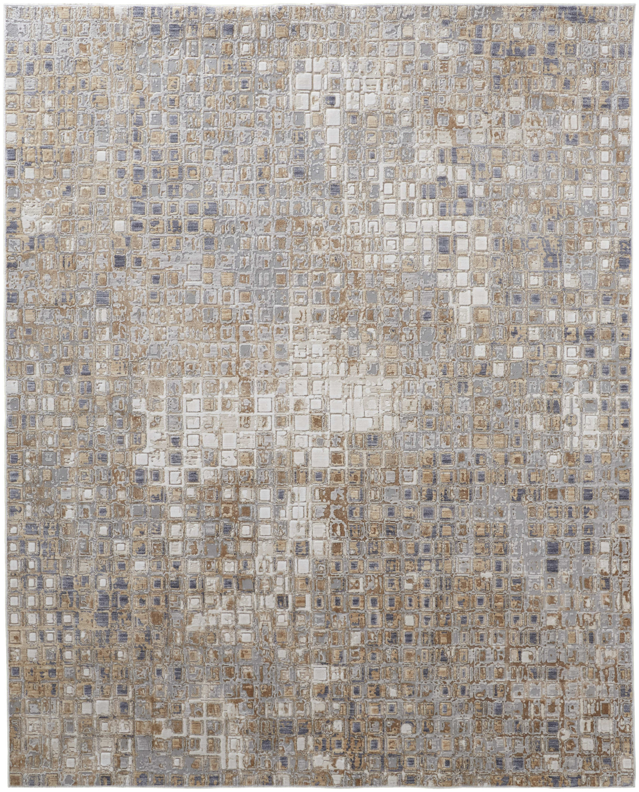 3" X 5" Tan Ivory and Blue Geometric Power Loom Worn Faded Area Rug