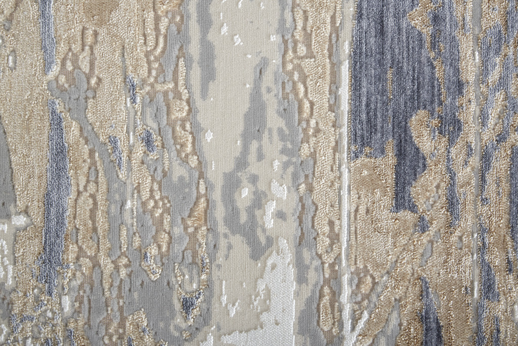 3" X 5" Tan Ivory and Blue Abstract Power Loom Worn Faded Area Rug