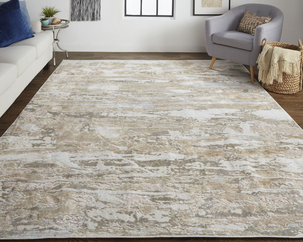 3" X 5" Tan Ivory and Blue Abstract Power Loom Worn Faded Area Rug