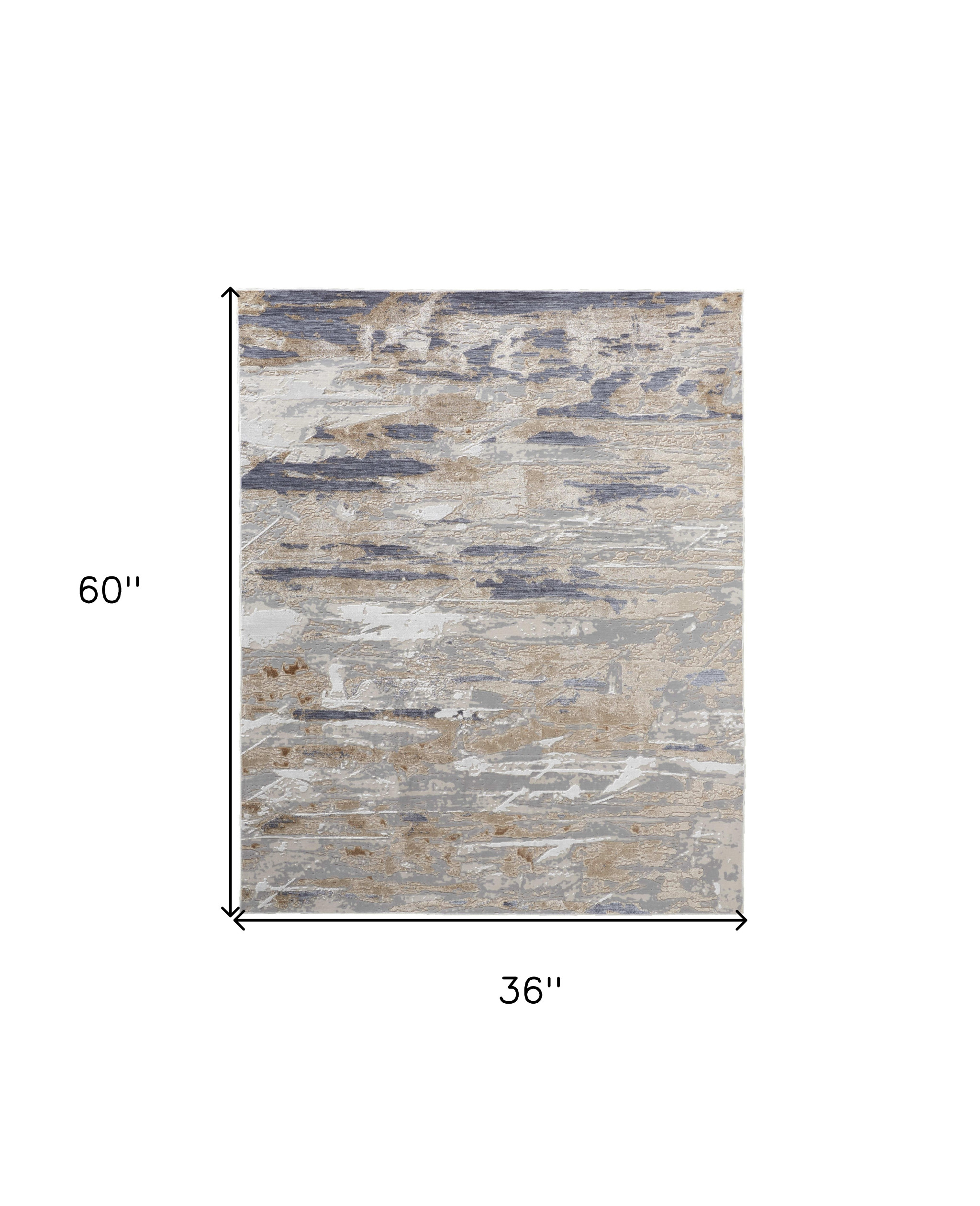 3" X 5" Tan Ivory and Blue Abstract Power Loom Worn Faded Area Rug