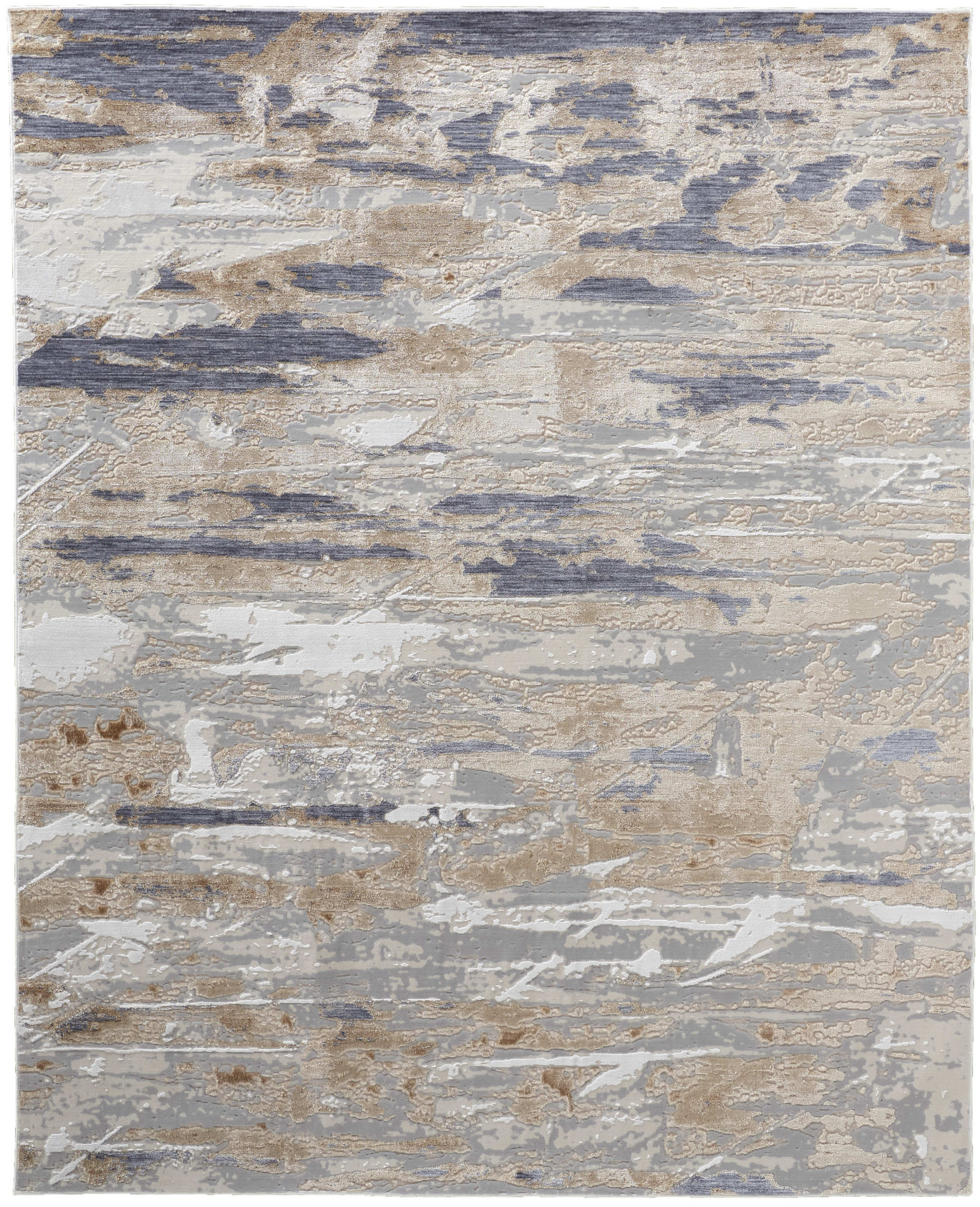 3" X 5" Tan Ivory and Blue Abstract Power Loom Worn Faded Area Rug