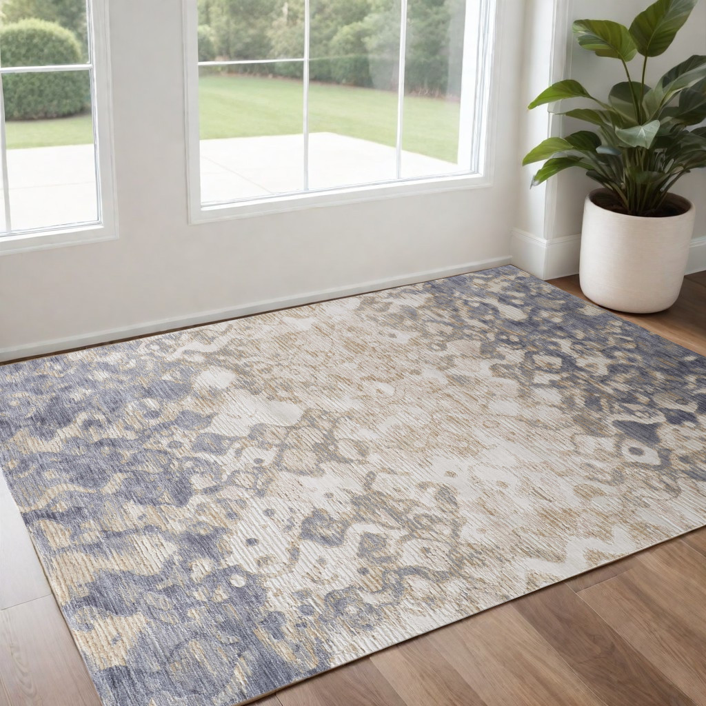 3" X 5" Ivory Tan and Blue Ombre Power Loom Area Rug